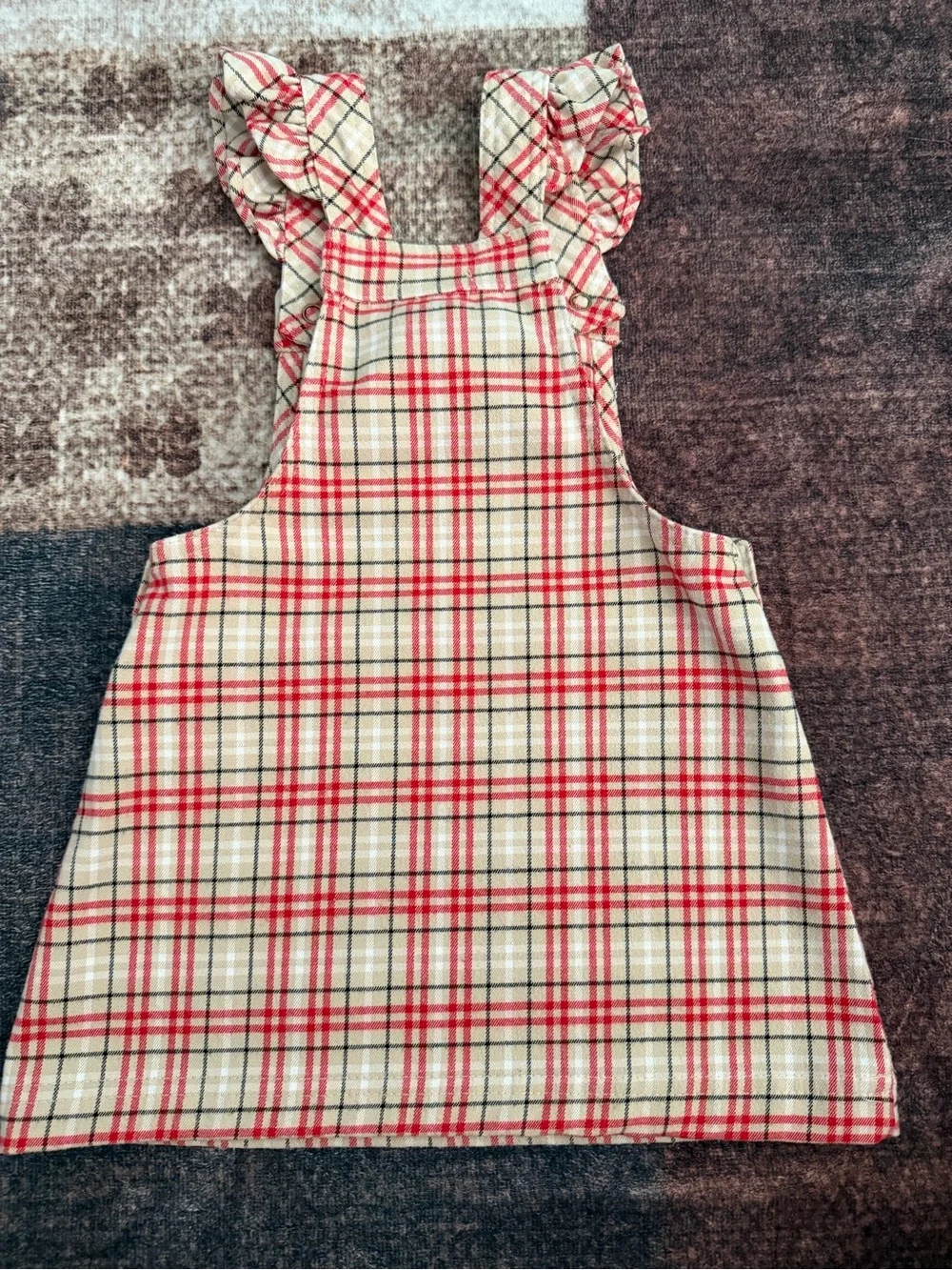 Max Studio Red and Cream Plaid Ruffle Pinafore Overalls
